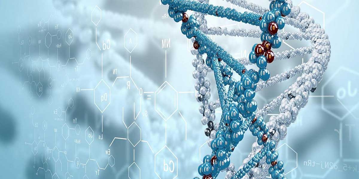 Digital illustration of DNA strands in an atmospheric environment, with light particles suggesting airborne contamination or interaction.