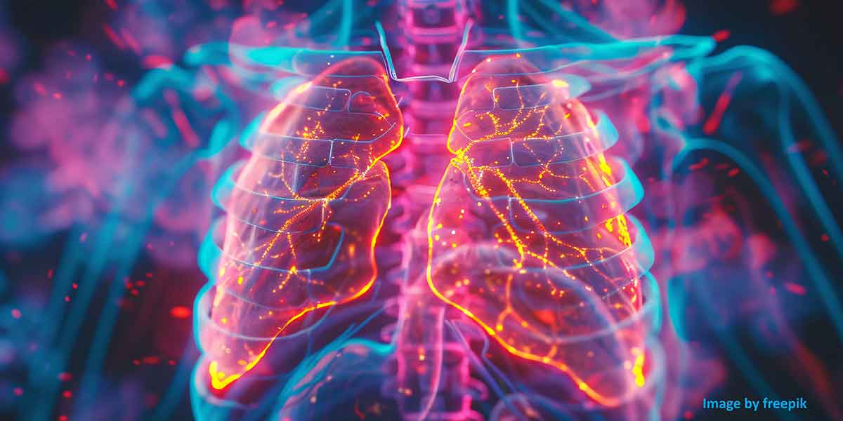 3D visualization of inflamed human lungs symbolizes the effects of air pollution and its link to cancer risk through long-term exposure.